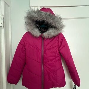 Kids Pink Puffer Jacket with Faux Fur Hood